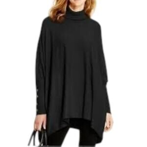 Alfani Women's Black Turtleneck Poncho Sweater Size Medium Fitted Button Cuffs